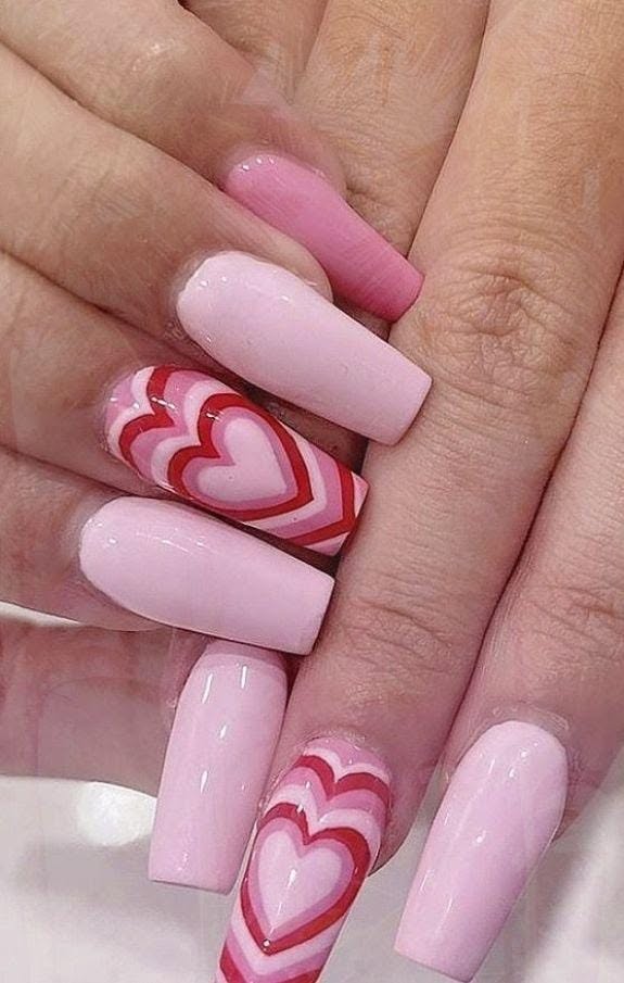 Pink Heart Pattern Acrylic Nails